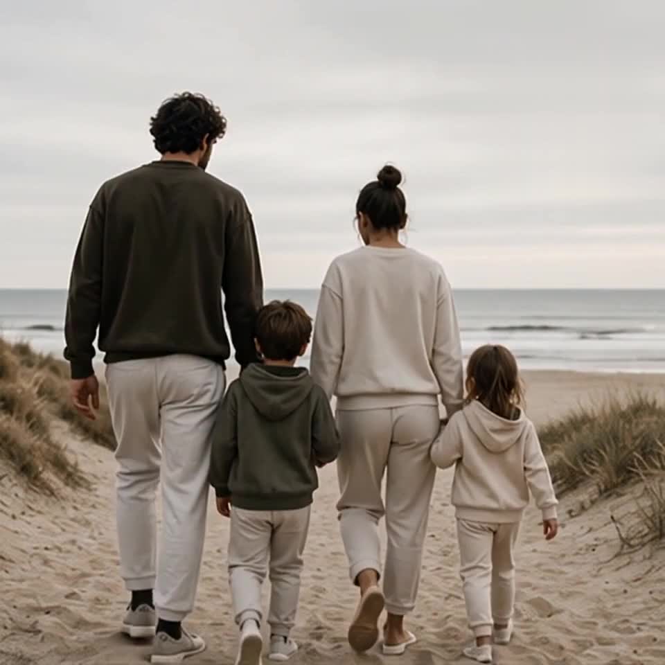A family walking together towards the sea
